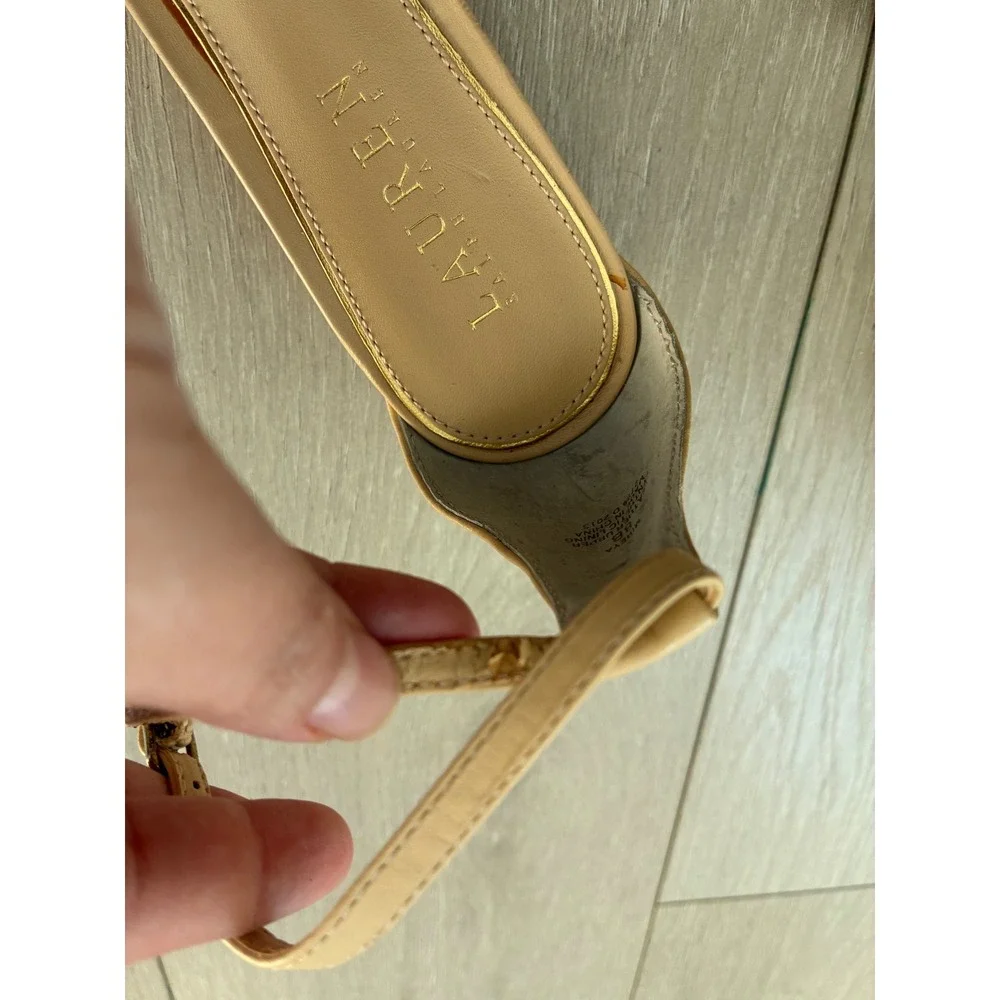 Lauren Ralph Lauren Women Beige Leather Knot Ankle Strap Wedge Sandals Size 8‎